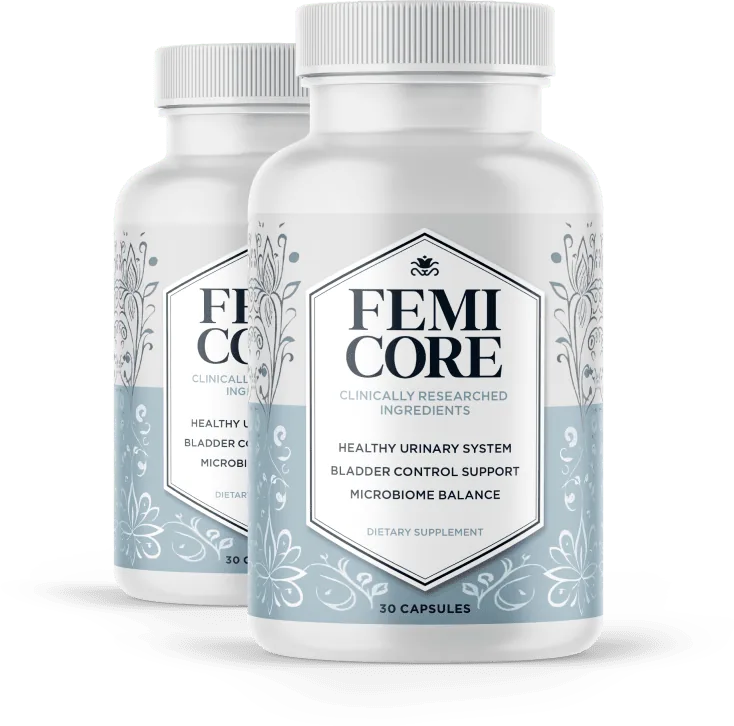 FemiCore label reading healthy urinary system, bladder control support and microbiome balance