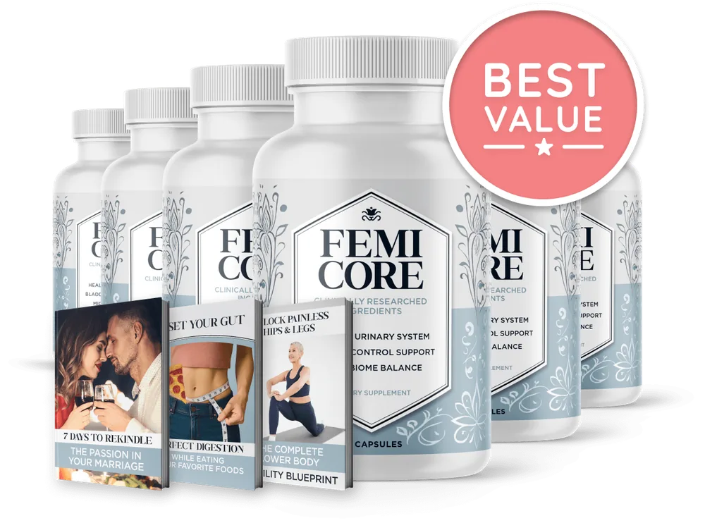 Six bottles of FemiCore with three bonus digital guides